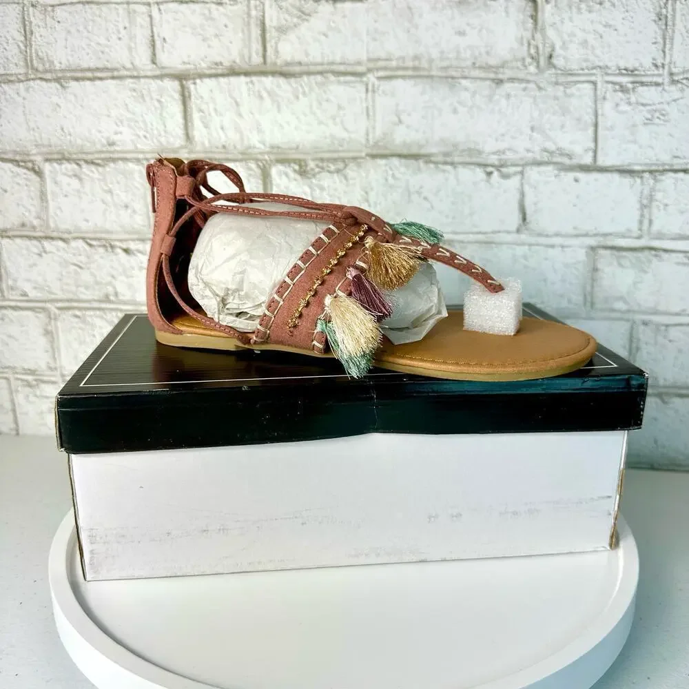 Qupid Archer Sandals Size 6 Boho Faux Leather Tassel Wrap Embroidered Pink